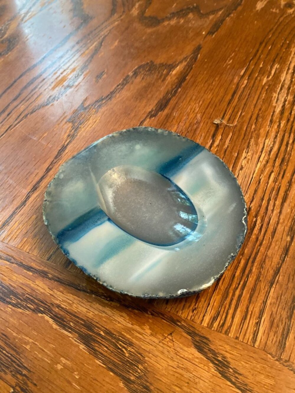 Mid-Century Blue Lapis Lazuli Hand-Carved Geode Slice Trinket Dish 5.5" Diameter